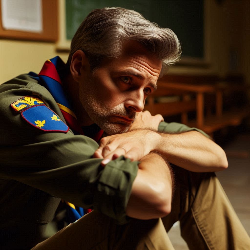 A tired middle aged Scout leader sitting in a quiet corner of the hall, reflecting on the evening with a sense of exhaustion